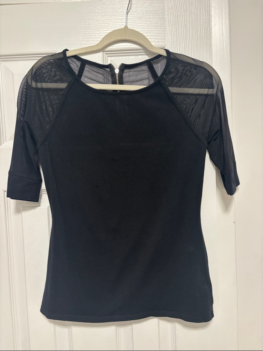 Express Black Short Sleeve Top with Sheer Mesh Shoulders